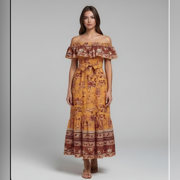 Boho Floral Pattern Off Shoulder A-Line Dress - Picture 1 of 8